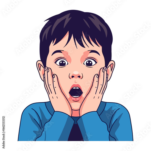 Amazed Kid: A young child stares in wide-eyed wonder with his hands on his face, conveying surprise and astonishment in a cartoonish style.