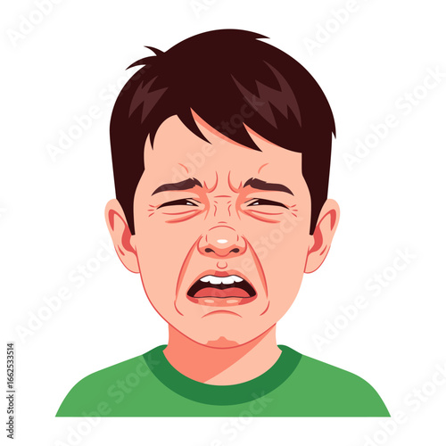 Disgusted: a close-up of a young boy's face, his expression contorted in a grimace of disgust, depicting his deep-seated feelings.