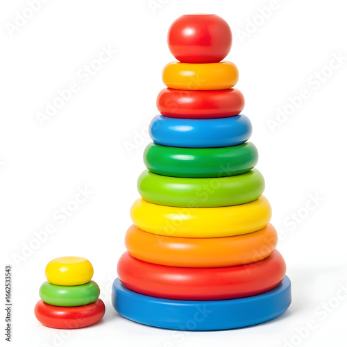 Plastic stacking rings isolated on white background with colorful design and realistic detail
