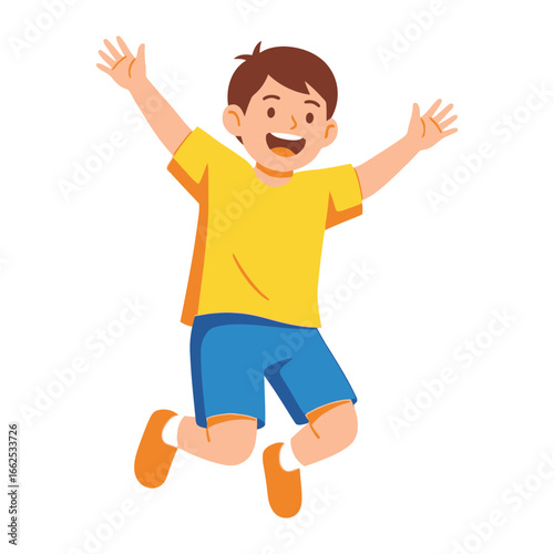 Joyful Leap: A cartoon illustration of a cheerful boy in mid-air, radiating boundless happiness and exuberance.