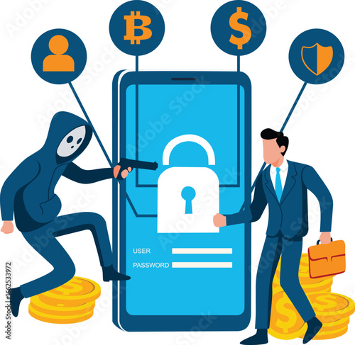 Vector illustration depicting a cybercrime scenario where a hacker threatens a smartphone user to steal personal data and digital assets