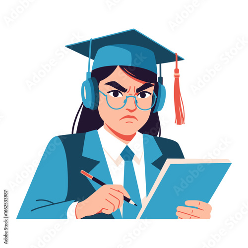 Frustrated Graduate in Exam: A focused student in a graduation cap, headphones, and glasses intensely studies, embodying the pressures and dedication of academic life.