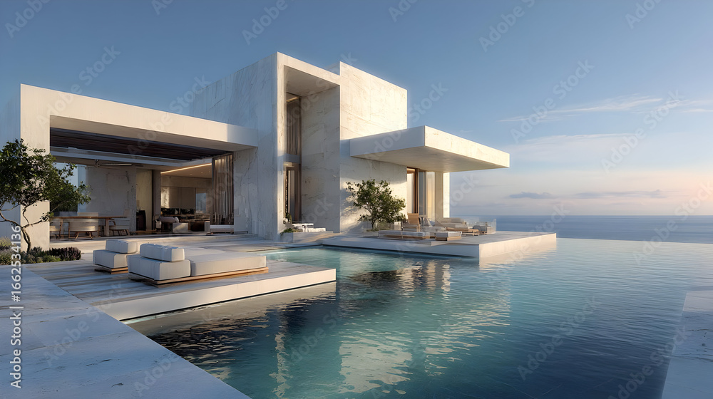 Fototapeta premium Modern White Cliffside Villa with Infinity Pool and Ocean View