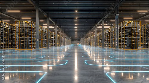 Modern Warehouse Interior with Automated Storage System and Blue Lighting