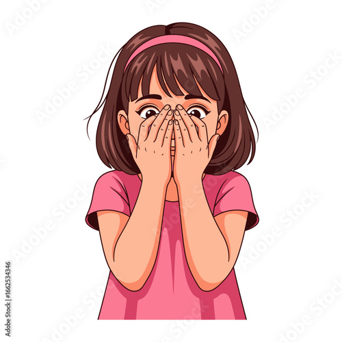Shyness Illustrated: A young girl hides her face with her hands, capturing the essence of shyness with a delicate portrayal.