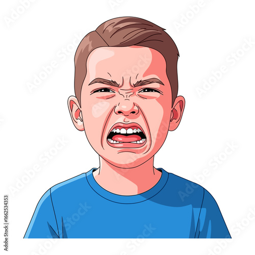 Child's Angry Outburst: Capturing the intensity of childhood frustration, a young boy's face contorts in a display of raw anger and unfiltered emotion, representing a moment of unrestrained feelings.