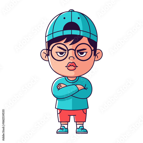 Little Brat with a Blue Cap: A stylized illustration of a mischievous young boy with a defiant expression, wearing a blue cap and spectacles, standing with arms crossed. 