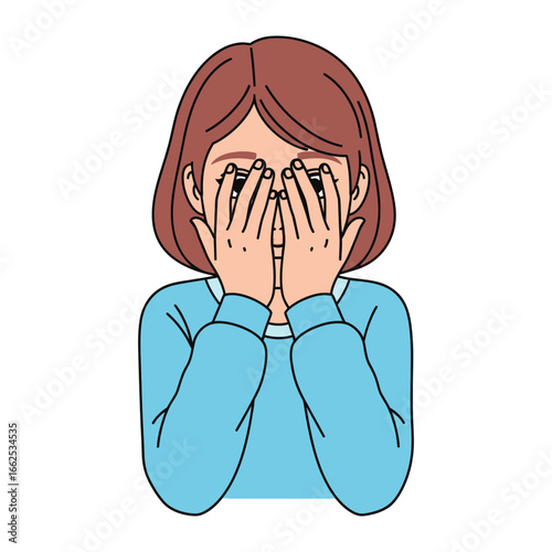 Hiding in Hands: A woman, concealing her face with her hands, embodies emotions of shyness and self-consciousness or worry. Expressive of emotional turmoil.