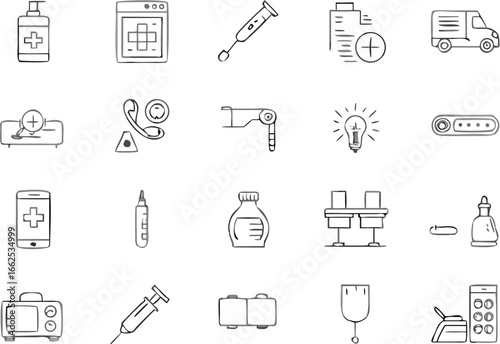 Illustration of medical and technology icons including sanitizer, phone, delivery truck and syringe items