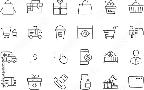 Illustration of various shopping and delivery icons including gifts and online purchasing symbols set