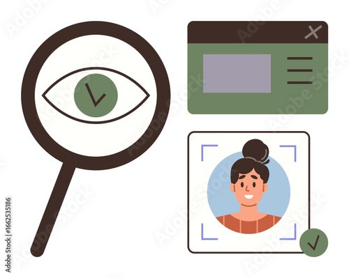 Magnifying glass with eye and checkmark, user profile interface, face recognition element. Ideal for security, authentication, access control, privacy, digital identity, user profile simple landing