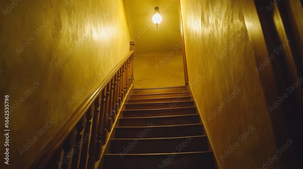 Fototapeta premium Wooden staircase ascending into warm-toned interior