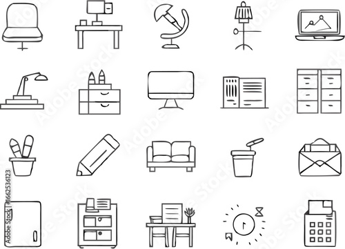 Illustration of office furniture and supplies including desk chair computer and filing cabinet items sketch