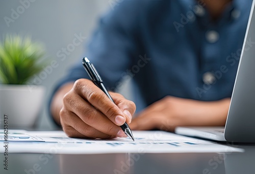 Close-up of person writing on documents with graphs, working at a desk