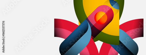 Colorful ribbons intertwine, forming abstract floral shape. Symbol represents unity, hope, awareness. Bright hues dominate composition.