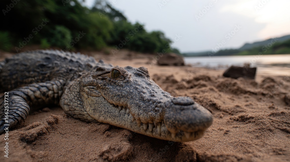 Fototapeta premium Crocodile Resting on Sandbank by River