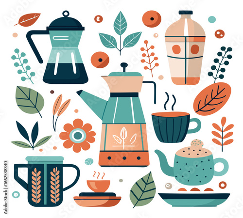 Cozy coffee and tea time with botanical elements