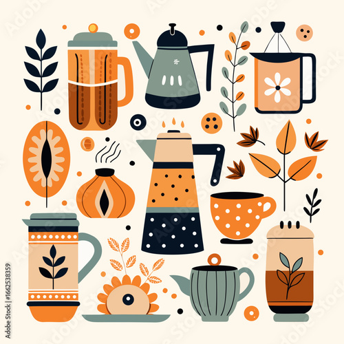 Cozy autumn coffee and tea collection with natural elements
