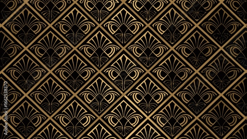 Elegant art deco pattern with gold geometric fan motifs on black background