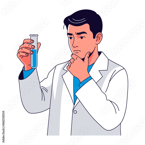 The Mind of Scientist: A serious scientist, lost in thought, scrutinizes a glass vial filled with a vibrant blue liquid, sparking curiosity and representing the wonders of scientific exploration.