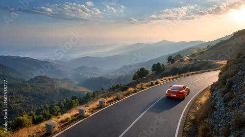 Orange Sports Car on Winding Mountain Road at Sunset