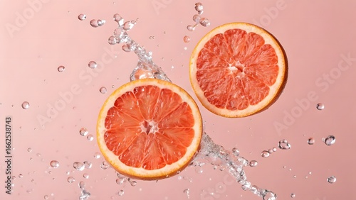 Grapefruit Halves in a Splash of Water Still Life Against a Pink Background with Splashes of Water