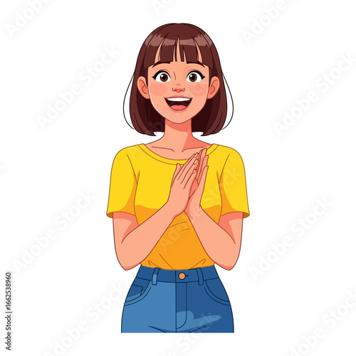 Joyful Applause: An animated female figure claps her hands with a big smile, capturing the essence of appreciation and enthusiasm.