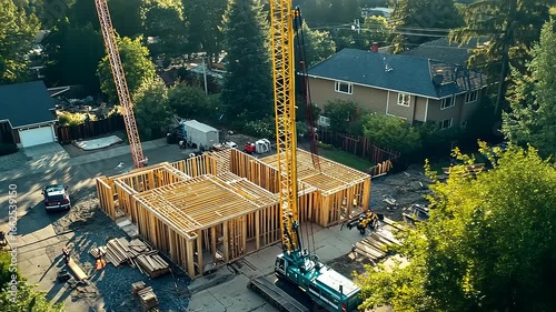 Wallpaper Mural Construction site featuring wooden framework for a house, cranes operating, surrounded by trees and vehicles Torontodigital.ca