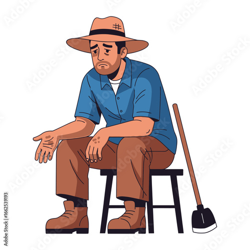 Weary Farmer: A farmer rests, looking forlorn after a long day, beside his shovel, against a background of hard work. This image is an evocative scene of rural life's trials, showcasing the raw.
