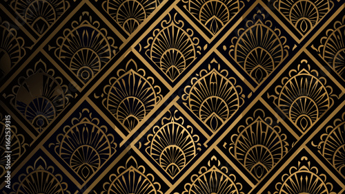 Elegant art deco fan pattern in gold and dark blue