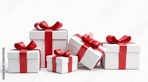 Multiple white gift boxes with red satin ribbons on clean white background, for christmas or celebration concepts