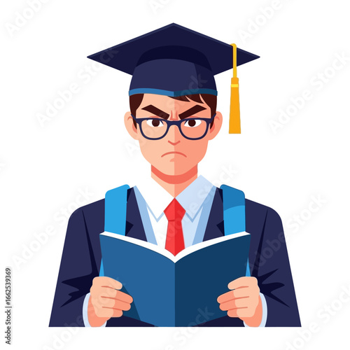 Academic Intensity: A focused student, adorned in graduation attire, diligently immerses himself in a book, his brow furrowed in concentration.