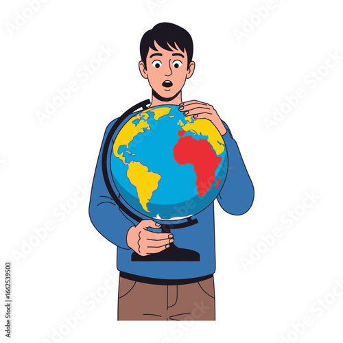 Global Curiosity: A young individual gazes at a globe, a symbol of boundless exploration and the pursuit of knowledge, in this illustration.