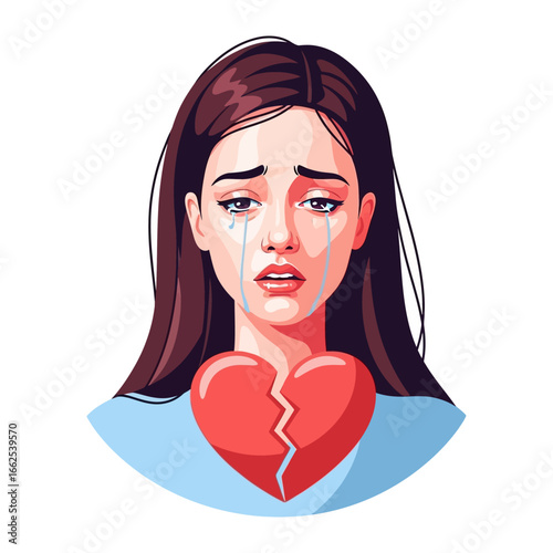 Broken Heart: The image captures a poignant illustration of heartache, depicting a sorrowful woman with tears cascading down her face, her expression a mirror of grief.