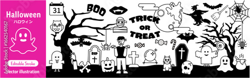 手描きハロウィン、シンプルハロウィン、秋のイベント素材アイコンセット（線画ベクター/編集可能）