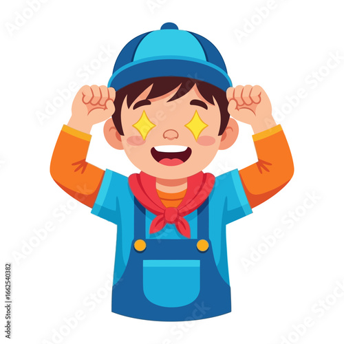 Excited Child with Shining Eyes: A young boy, filled with wonder, expresses pure joy, his eyes twinkling with stars. This image embodies enthusiasm and delight.