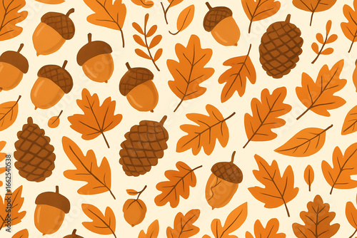 Hand Drawn Autumn Leaves and Acorns Seamless Pattern Illustration Graphic