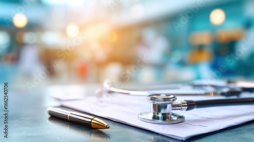 Stethoscope, Pen, and Documents on Table