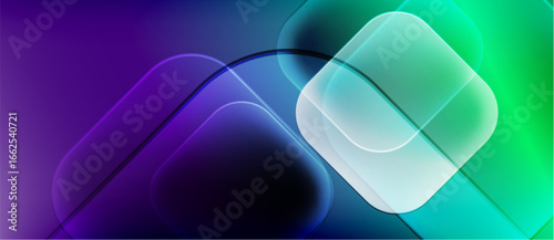 Abstract background features layered translucent shapes. Gradient transitions from purple, blue, to vibrant green create depth. Modern design.