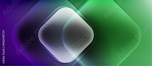Abstract composition featuring layered rounded squares. Gradient transitions from purple to green create luminous effect. Minimalist design.