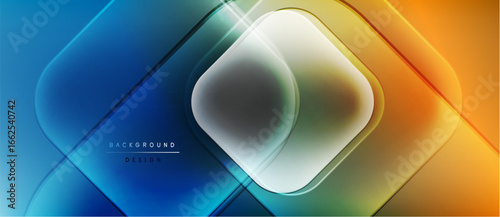 Abstract geometric design. Blue, orange gradients create layered diamond shapes. Modern, vibrant background for digital projects.
