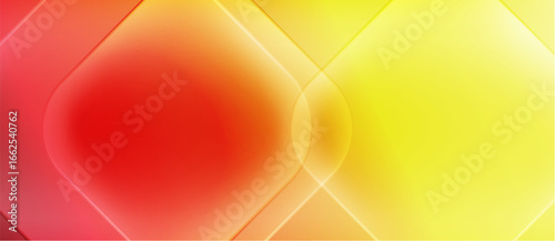 Abstract gradients blend vibrant red, orange, yellow hues. Overlapping shapes create dynamic visual effect. Smooth transitions dominate composition.