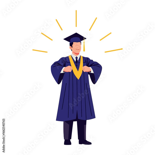 Radiant Graduation: A proud graduate stands tall, garbed in cap and gown, illuminated by a halo of celebratory light, epitomizing educational achievement and future promise.