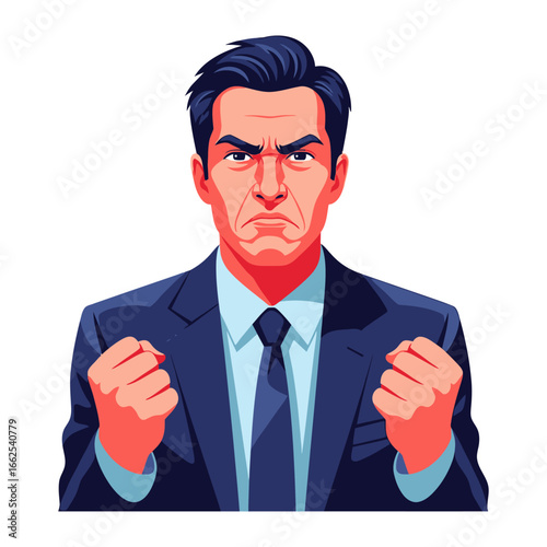 Furious Businessman: A stern businessman, his face etched with anger and frustration.