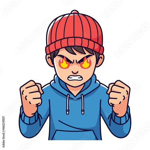 Burning Fury: A young person with fiery eyes, expressive of intense emotion, is portrayed in this digital illustration. Representing the raw, seething rage of a furious subject.
