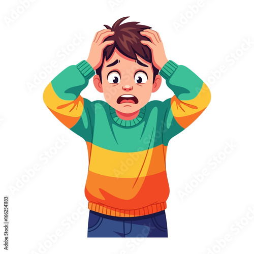 A Boy’s Moment of Anguish: A young boy's emotive expression in an illustration revealing a sense of overwhelming stress. His hands clutching his head, and his eyes wide with worry
