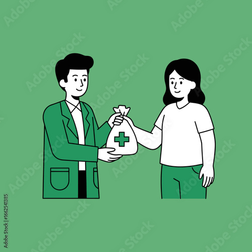 Cartoon doctor giving medical bag to patient illustrating healthcare transaction.