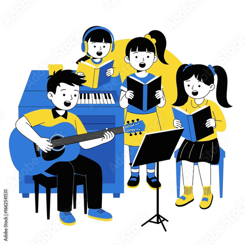 Cheerful cartoon children playing blue guitar piano and singing from music books.