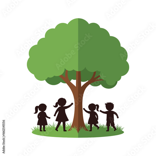 Children Playing Under a Green Tree Silhouette Illustration.