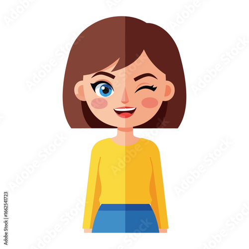Playful Wink: A charming cartoon girl with brown hair and a confident wink, radiating a sense of lightheartedness and friendly charm.